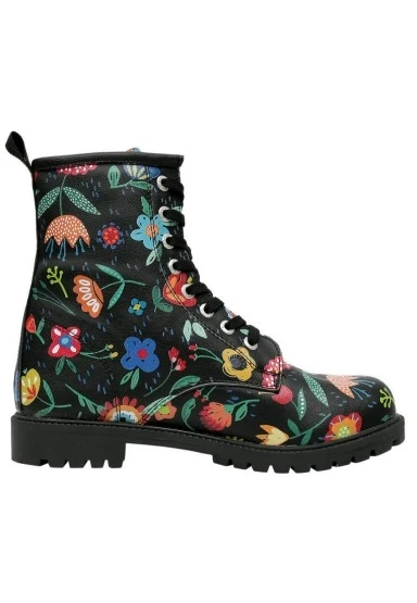 Kadın Vegan Deri Siyah Uzun Bot - Flowers & Birds Tasarım - 