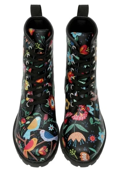 Kadın Vegan Deri Siyah Uzun Bot - Flowers & Birds Tasarım - 