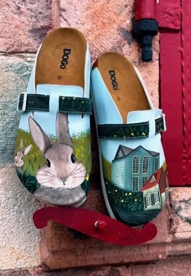Kadın Vegan Deri Yeşil Terlik - Going on an Adventure Tasarım - 