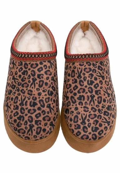 Kadın Vegan Deri Kahverengi İçi Peluş Terlik - Looney Tunes Leopard Looney Tasarım - 