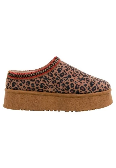 Kadın Vegan Deri Kahverengi İçi Peluş Terlik - Looney Tunes Leopard Looney Tasarım - 
