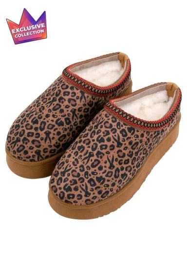 Kadın Vegan Deri Kahverengi İçi Peluş Terlik - Looney Tunes Leopard Looney Tasarım - 
