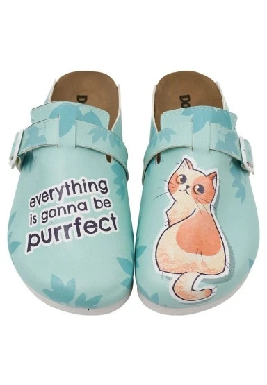 Kadın Vegan Deri Turkuaz Terlik - Everything is Gonna Be Purrfect Tasarım - 