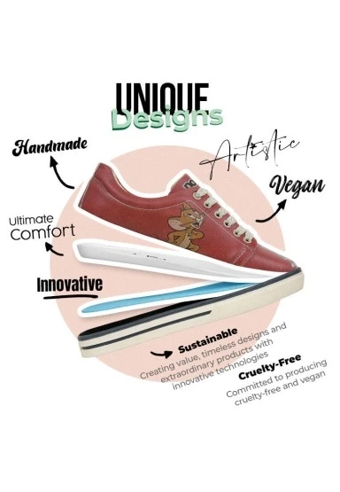 Kadın Vegan Deri Turuncu Sneakers - Warner Bros Tom ve Jerry Tasarım - 