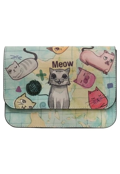 Kadın Vegan Deri Yeşil El Çantası - Cats of the World Tasarım - 