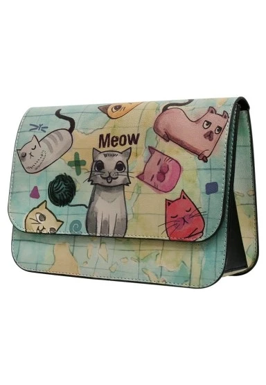 Kadın Vegan Deri Yeşil El Çantası - Cats of the World Tasarım - 
