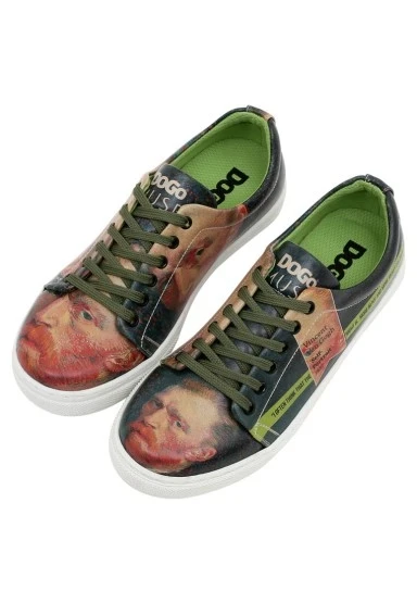 Kadın Vegan Deri Yeşil Sneakers - Vincent van Gogh Self Portrait Muse Tasarım - 