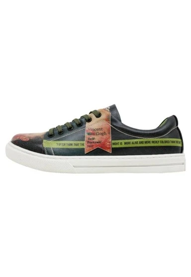 Kadın Vegan Deri Yeşil Sneakers - Vincent van Gogh Self Portrait Muse Tasarım - 