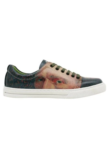 Kadın Vegan Deri Yeşil Sneakers - Vincent van Gogh Self Portrait Muse Tasarım - 