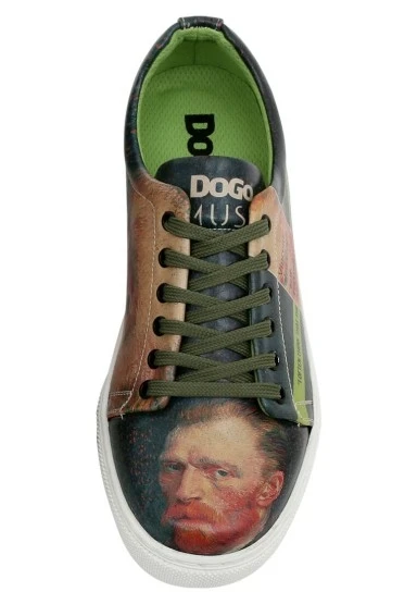 Kadın Vegan Deri Yeşil Sneakers - Vincent van Gogh Self Portrait Muse Tasarım - 