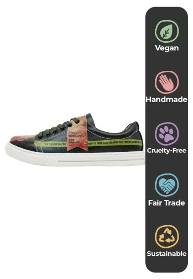 Kadın Vegan Deri Yeşil Sneakers - Vincent van Gogh Self Portrait Muse Tasarım - 
