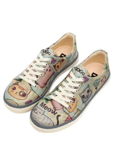 Kadın Vegan Deri Yeşil Sneakers - Cats of the World Tasarım - 