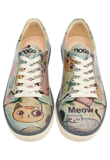 Kadın Vegan Deri Yeşil Sneakers - Cats of the World Tasarım - 