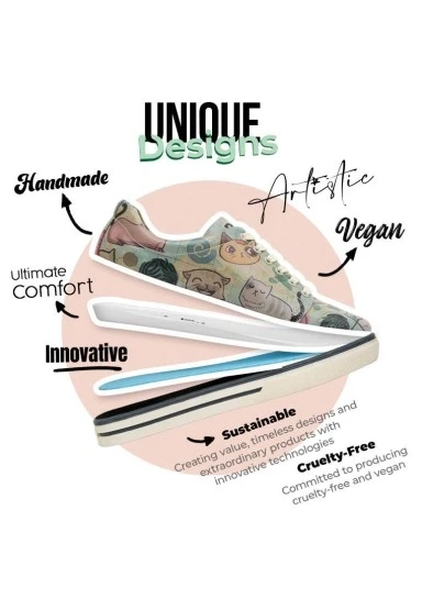 Kadın Vegan Deri Yeşil Sneakers - Cats of the World Tasarım - 