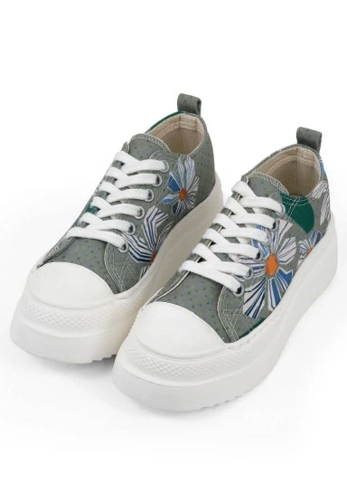 Kadın Vegan Gri Kalın Taban Sneakers - Origami Bloom Tasarım - 