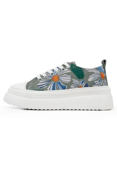 Kadın Vegan Gri Kalın Taban Sneakers - Origami Bloom Tasarım - 