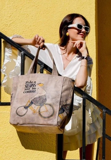 Kadın Vegan Gri Large Tote Bag - Rider Woman Tasarım - 