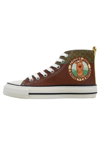 Kadın Vegan Kahverengi High Sneakers - Camping Scooby Doo Tasarım - 