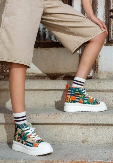 Kadın Vegan Çok Renkli Kalın Taban High Sneakers - Blossom Hug Tasarım - 