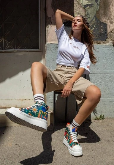 Kadın Vegan Çok Renkli Kalın Taban High Sneakers - Blossom Hug Tasarım - 