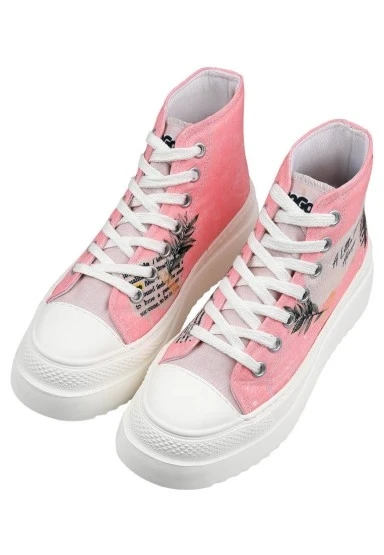Kadın Vegan Pembe Kalın Taban High Sneakers - A Little Paris Always Tasarım - 