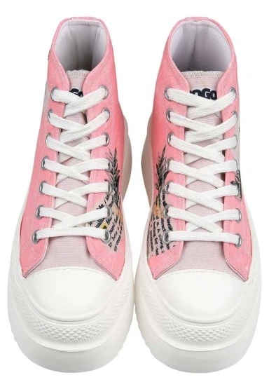 Kadın Vegan Pembe Kalın Taban High Sneakers - A Little Paris Always Tasarım - 