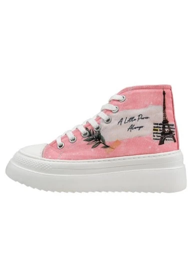 Kadın Vegan Pembe Kalın Taban High Sneakers - A Little Paris Always Tasarım - 