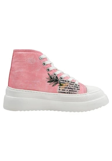 Kadın Vegan Pembe Kalın Taban High Sneakers - A Little Paris Always Tasarım - 
