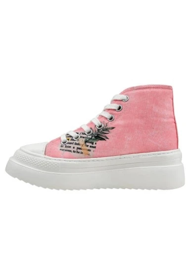 Kadın Vegan Pembe Kalın Taban High Sneakers - A Little Paris Always Tasarım - 