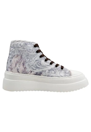 Kadın Vegan Bej Kalın Taban High Sneakers - Japanese Waves Tasarım - 