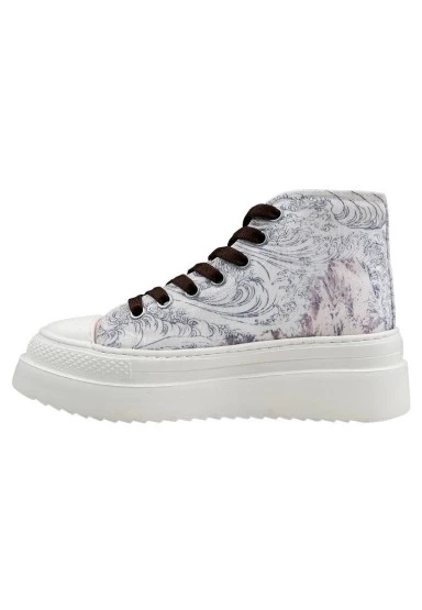 Kadın Vegan Bej Kalın Taban High Sneakers - Japanese Waves Tasarım - 