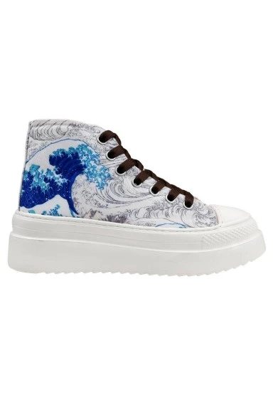 Kadın Vegan Bej Kalın Taban High Sneakers - Japanese Waves Tasarım - 