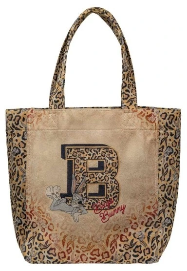 Kadın Vegan Krem Leopar Large Tote Bag - Warner Bros Looney Tunes Leopard Bugs Bunny Tasarım - 