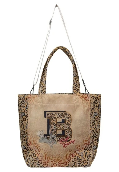 Kadın Vegan Krem Leopar Large Tote Bag - Warner Bros Looney Tunes Leopard Bugs Bunny Tasarım - 