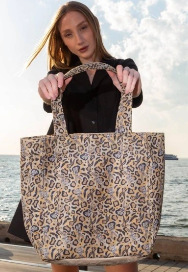 Kadın Vegan Krem Leopar Large Tote Bag - Warner Bros Looney Tunes Leopard Bugs Bunny Tasarım - 