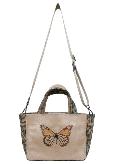 Kadın Vegan Krem Medium Tote Bag - Moths and Butterflies Tasarım - 