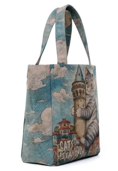 Kadın Vegan Mavi Large Tote Bag - Galata Cat Tasarım - 