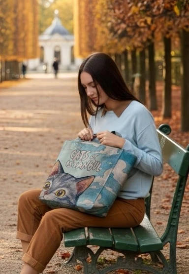 Kadın Vegan Mavi Large Tote Bag - Galata Cat Tasarım - 