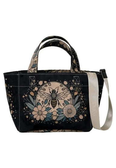 Kadın Vegan Deri Antrasit Medium Tote Bag - Bee with Flowers Tasarım - 