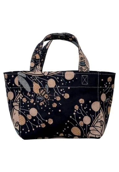 Kadın Vegan Deri Antrasit Medium Tote Bag - Bee with Flowers Tasarım - 