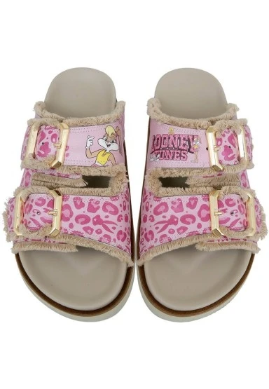 Kadın Vegan Pembe Leopar Terlik - Warner Bros Looney Tunes Bugs Bunny Pink Leopard Bunny Tasarım - 