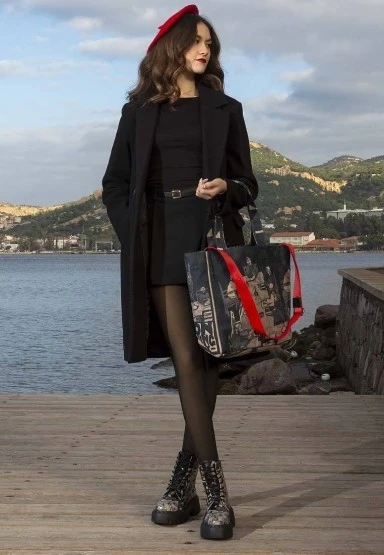 Kadın Vegan Siyah Large Tote Bag - Supper Tasarım - 
