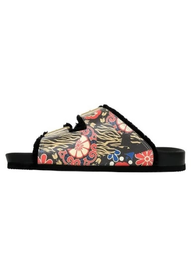 Kadın Vegan Turuncu Terlik - Ethnic Floral Tasarım - 