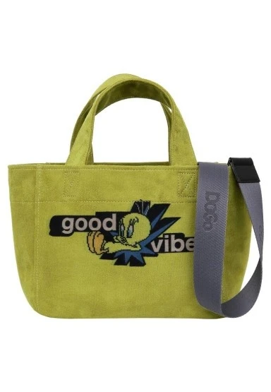 Kadın Vegan Yeşil Medium Tote Bag - Warner Bros Tweety Good Vibes Only Tasarım - 