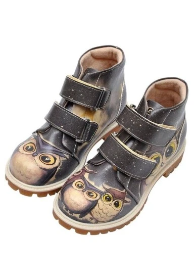Kids Vegan Leather Black Boots - Owls Family Design - 