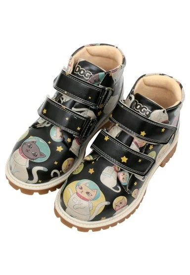 Kids Vegan Leather Black Boots - Cats of Space Design - 