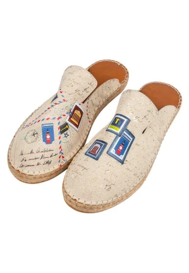 Men Vegan Cream Slippers - Letters and Stamps Design - 