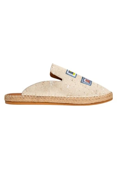 Men Vegan Cream Slippers - Letters and Stamps Design - 