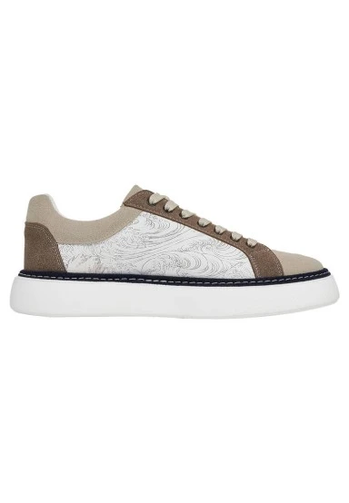 Men Vegan Leather Beige Sneakers - Japanese Waves Design - 