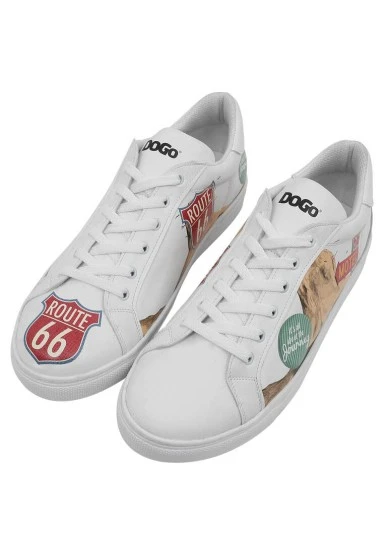 Men Vegan Leather White Sneakers - Route 66 Design - 